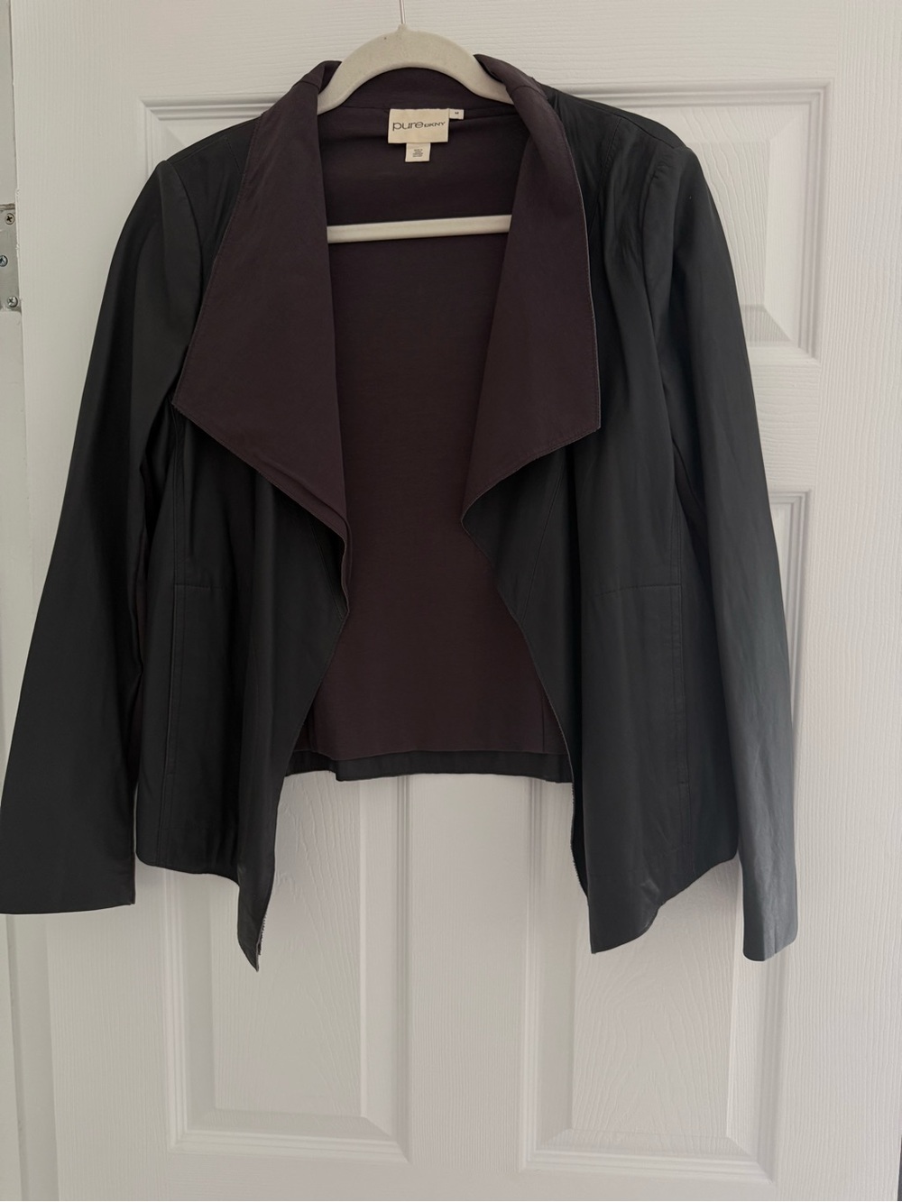 Pure DKNY Black Lambskin Leather Open Front Drape Jacket Women’s Size M